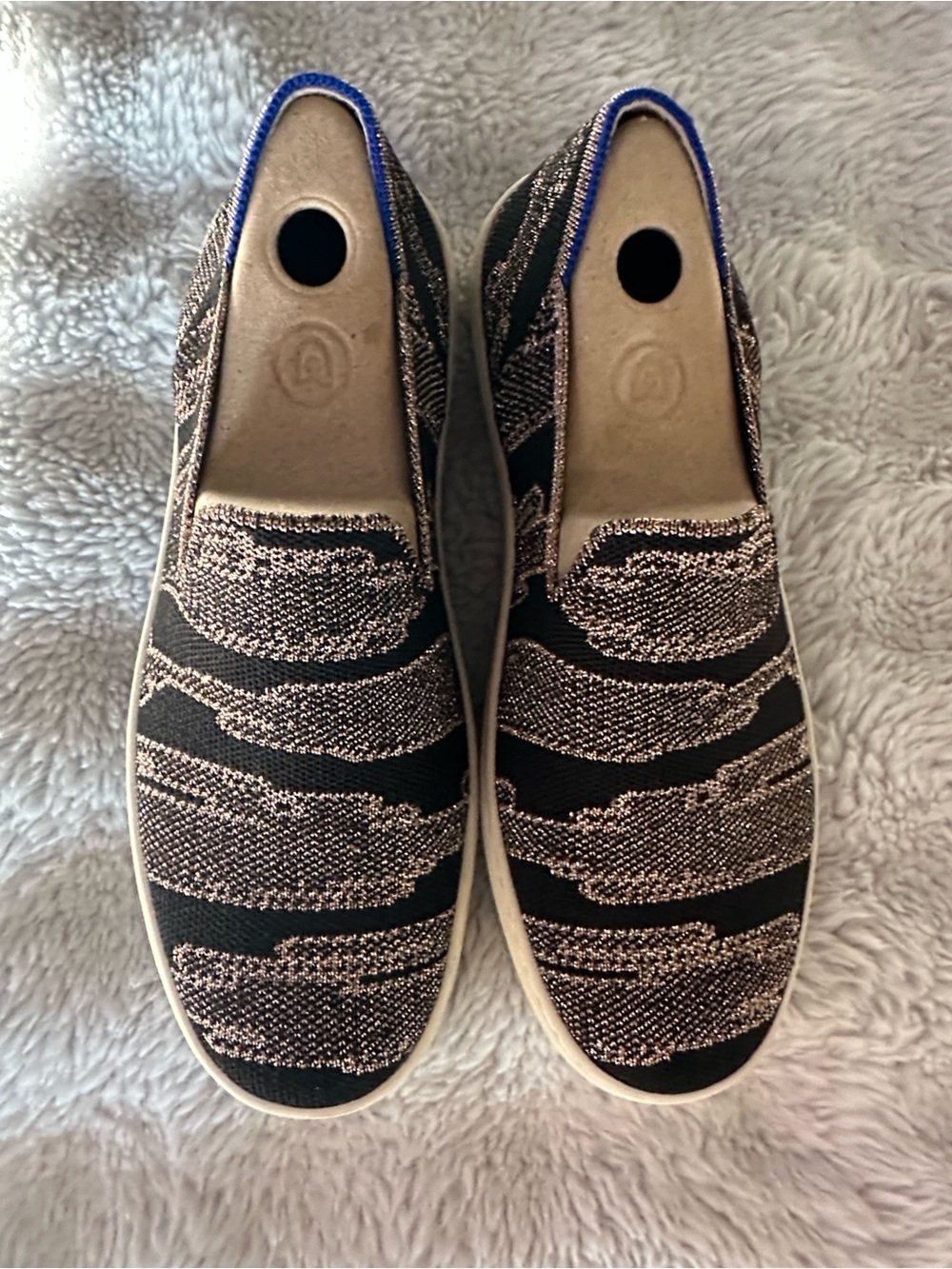 Rothy's Black and Metallic Rose Slip-On Sneakers